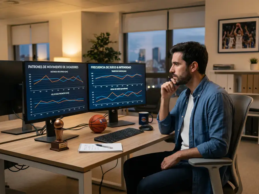 Analista revisando gráficos de movimiento de líneas de apuestas NBA
